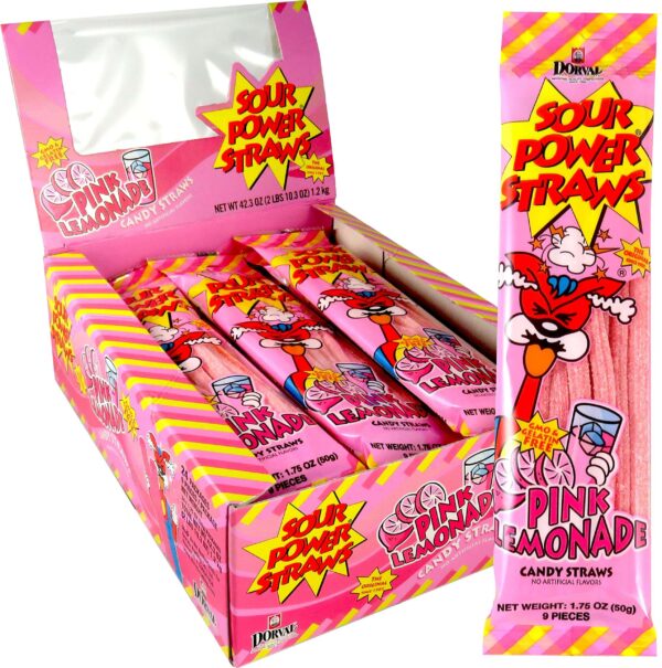 Pink lemonade godteri rør fra "Sour Power Straws"