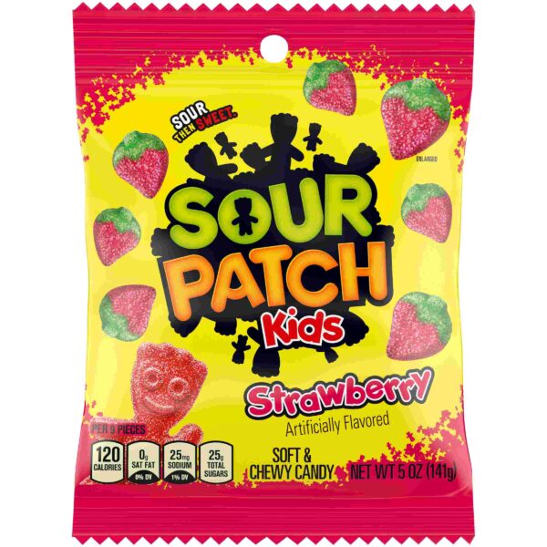 Godteripakke med sur og søt jordbær godteri fra "Sour patch kids"