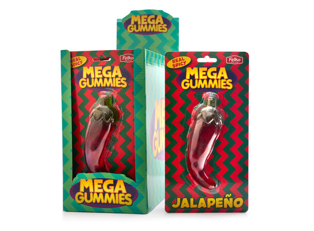 En boks med gelatin godteri med teksten "Mega gummies" og "Jalapeno"