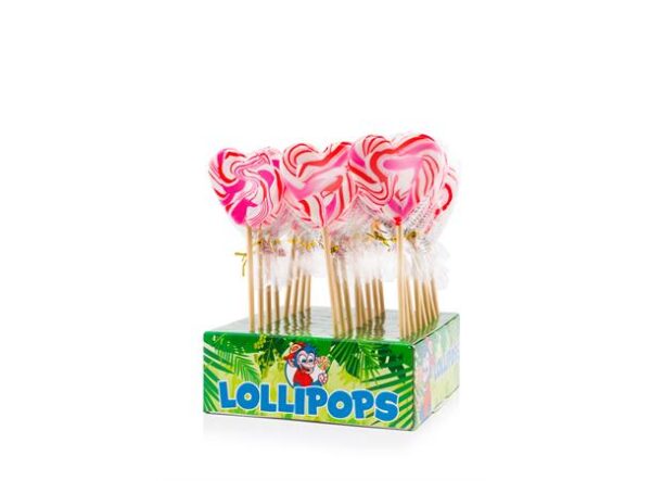 24 Spiralfarget og hjerteformet lollipop stående i en grønn eske