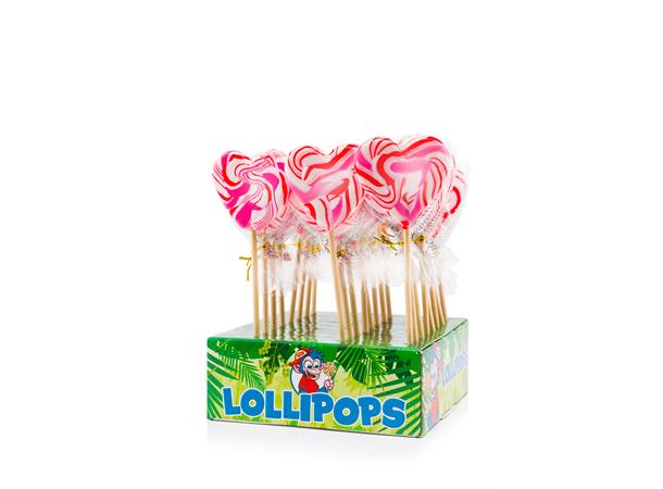 24 Spiralfarget og hjerteformet lollipop stående i en grønn eske