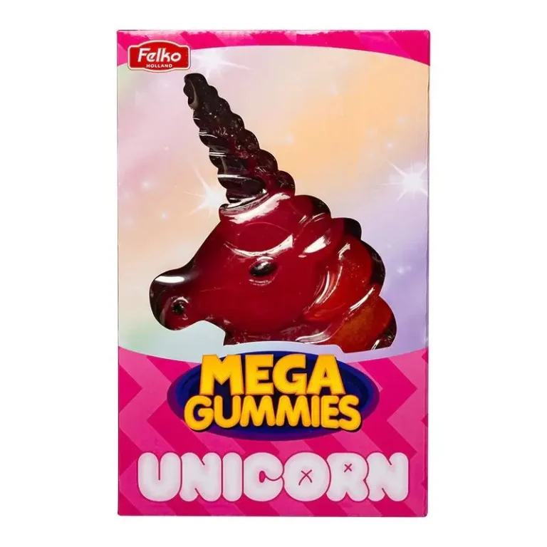 Pakke med gelatin godteri med teksten "Mega gummies unicorn" fra Felko