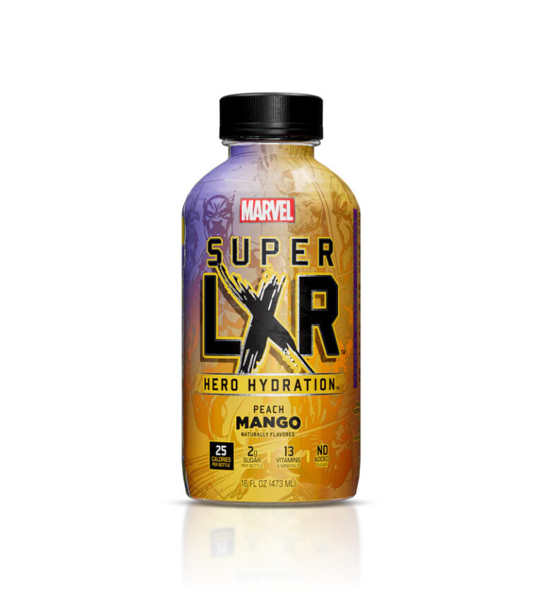 En flaske med "Super LXR Hero hydration" fra Marvel. Peach Mango smak